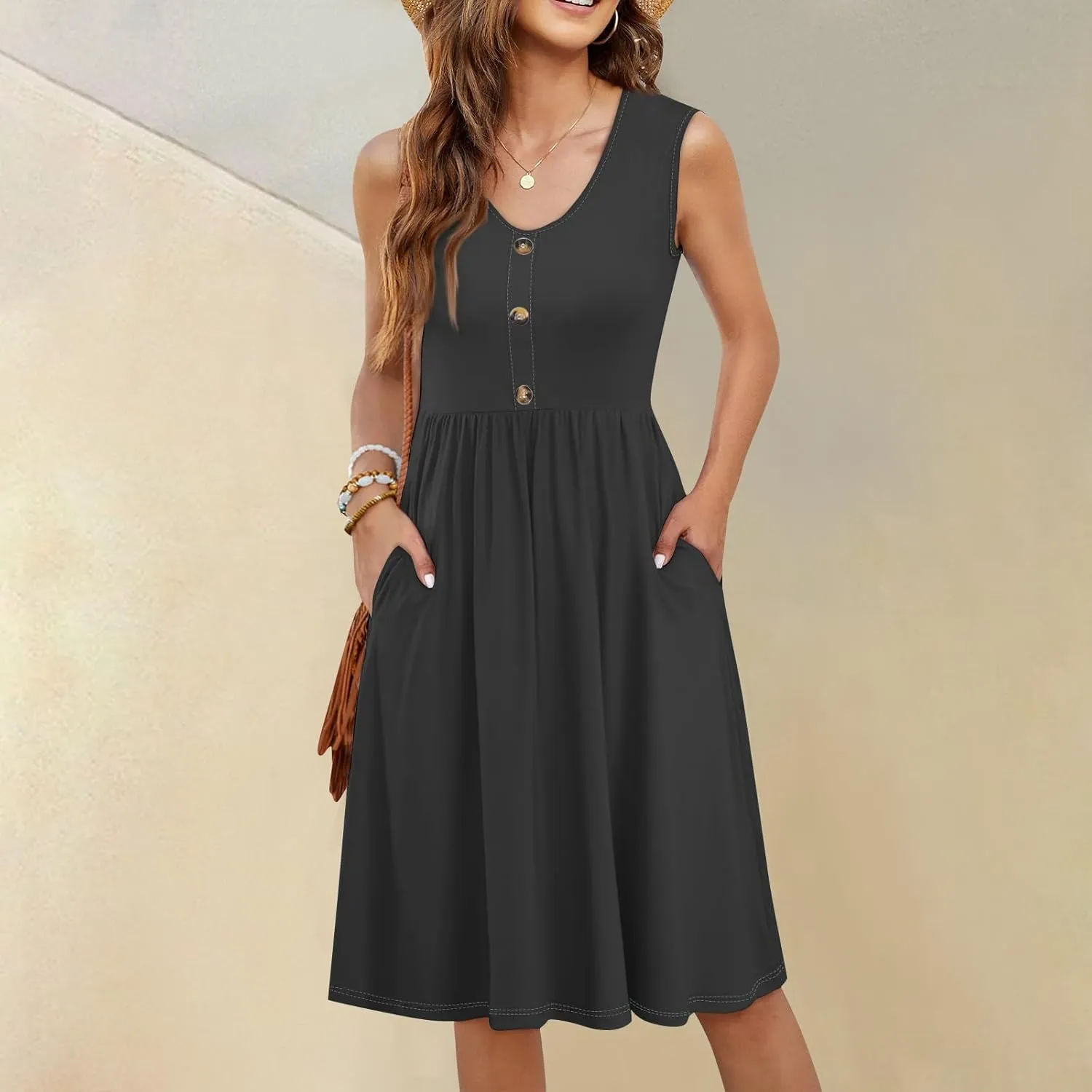 Women Summer Dresses Sleeveless V-Neck Elastic Waist Midi Dress Casual Swing Button Down Sundress with Pockets S-3XL