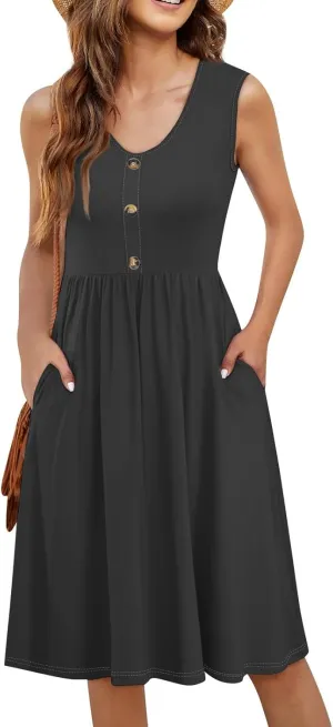 Women Summer Dresses Sleeveless V-Neck Elastic Waist Midi Dress Casual Swing Button Down Sundress with Pockets S-3XL