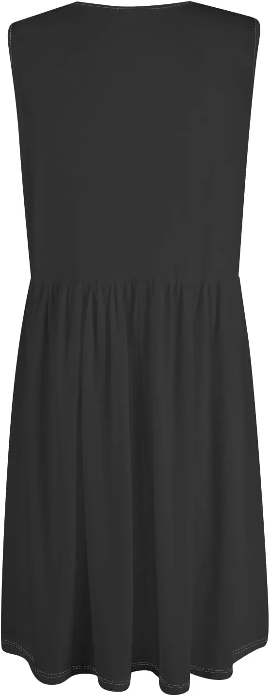 Women Summer Dresses Sleeveless V-Neck Elastic Waist Midi Dress Casual Swing Button Down Sundress with Pockets S-3XL