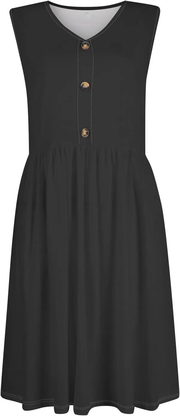 Women Summer Dresses Sleeveless V-Neck Elastic Waist Midi Dress Casual Swing Button Down Sundress with Pockets S-3XL