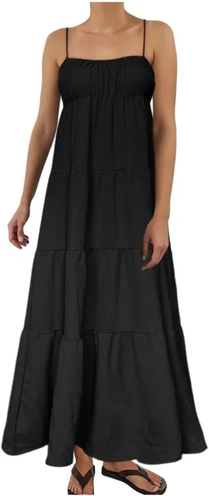 Women Summer Dresses Spaghetti Strap Scoop Neck Smocked Ruffle Loose Flowy Boho Sleeveless Backless Beach Maxi Long Dress