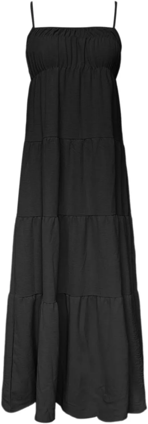 Women Summer Dresses Spaghetti Strap Scoop Neck Smocked Ruffle Loose Flowy Boho Sleeveless Backless Beach Maxi Long Dress