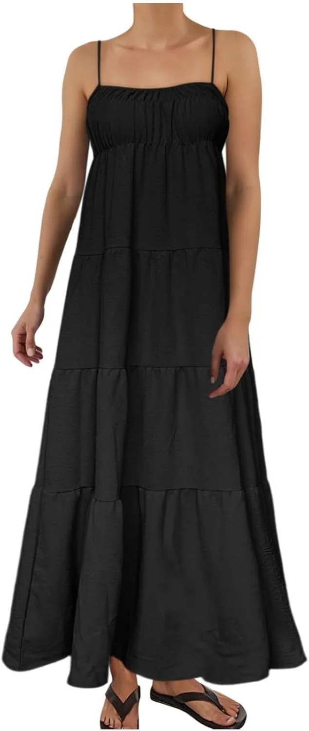 Women Summer Dresses Spaghetti Strap Scoop Neck Smocked Ruffle Loose Flowy Boho Sleeveless Backless Beach Maxi Long Dress