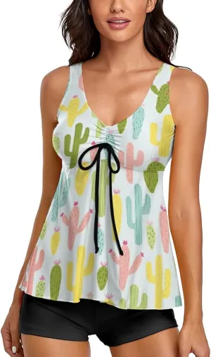 Women Tankini Swimsuits Adjustable Swim Tank Tops with Shorts, Lightweight and Quick Dry Tummy Control Two Piece Bathing Suits Halter Swimwear, Colorful Cactus Flwoers Floral