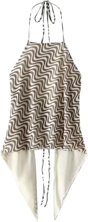 Women Wavy Striped Halter Top Summer Wind Lace-Up Backless Tulle Vest Camisole Corset