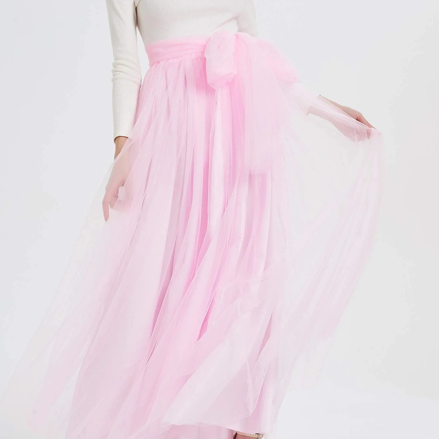 Women Wedding Long Maxi Puffy Tulle Skirt Floor Length A Line with Bowknot Belt High Waisted for Wedding Party Evening