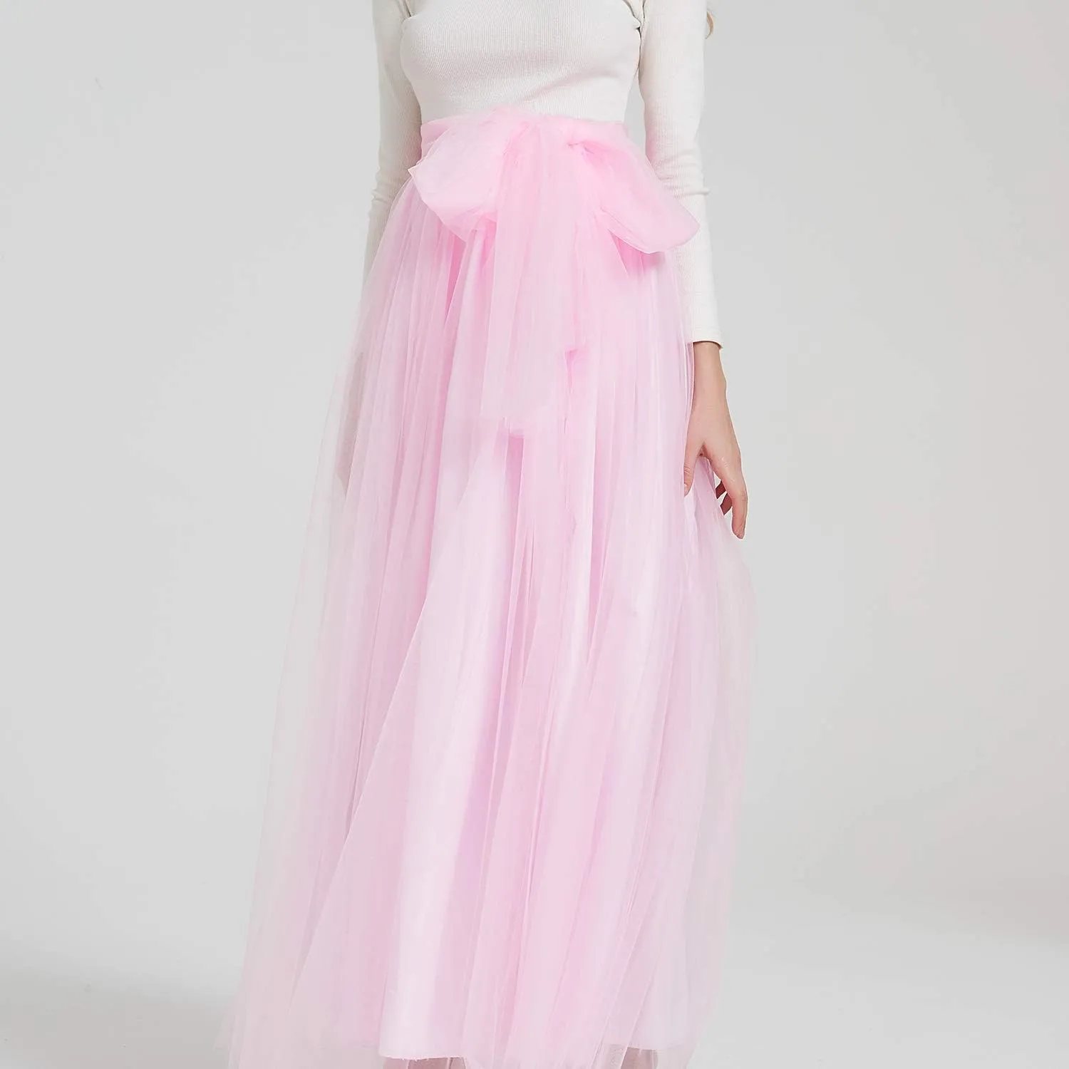 Women Wedding Long Maxi Puffy Tulle Skirt Floor Length A Line with Bowknot Belt High Waisted for Wedding Party Evening