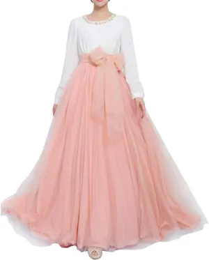 Women Wedding Long Maxi Puffy Tulle Skirt Floor Length A Line with Bowknot Belt High Waisted for Wedding Party Evening