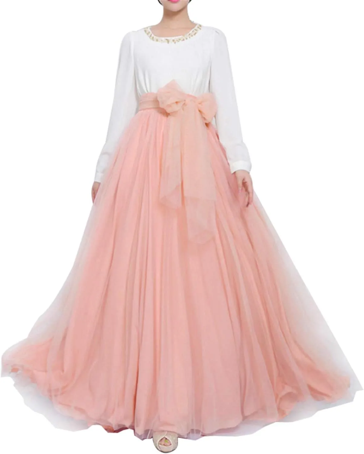 Women Wedding Long Maxi Puffy Tulle Skirt Floor Length A Line with Bowknot Belt High Waisted for Wedding Party Evening