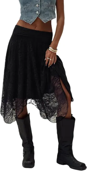 Women Y2k Lace Long Skirts High Waist Ruffle Hem Maxi Skirt Sexy See Through High Slit Flowy Skirts