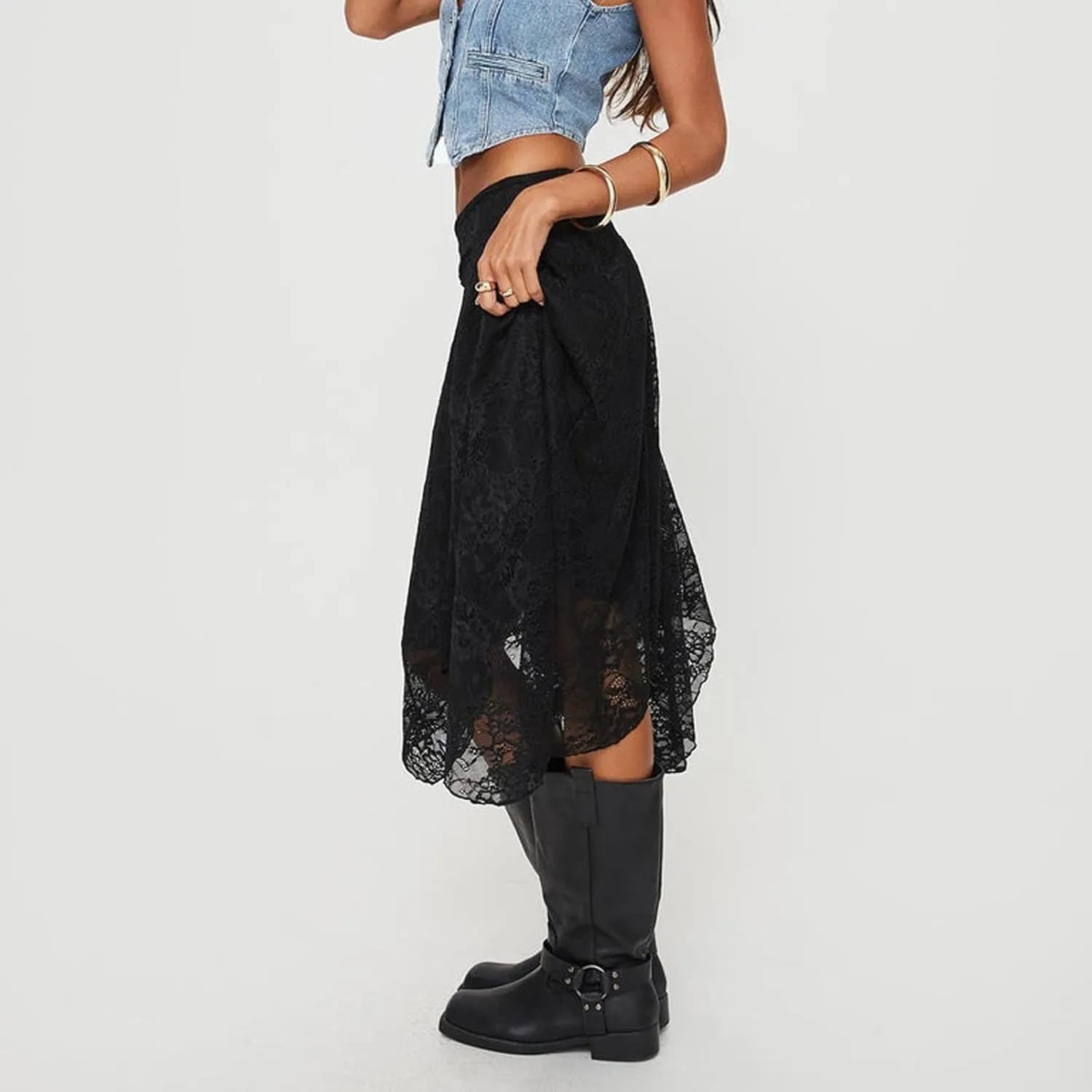 Women Y2k Lace Long Skirts High Waist Ruffle Hem Maxi Skirt Sexy See Through High Slit Flowy Skirts