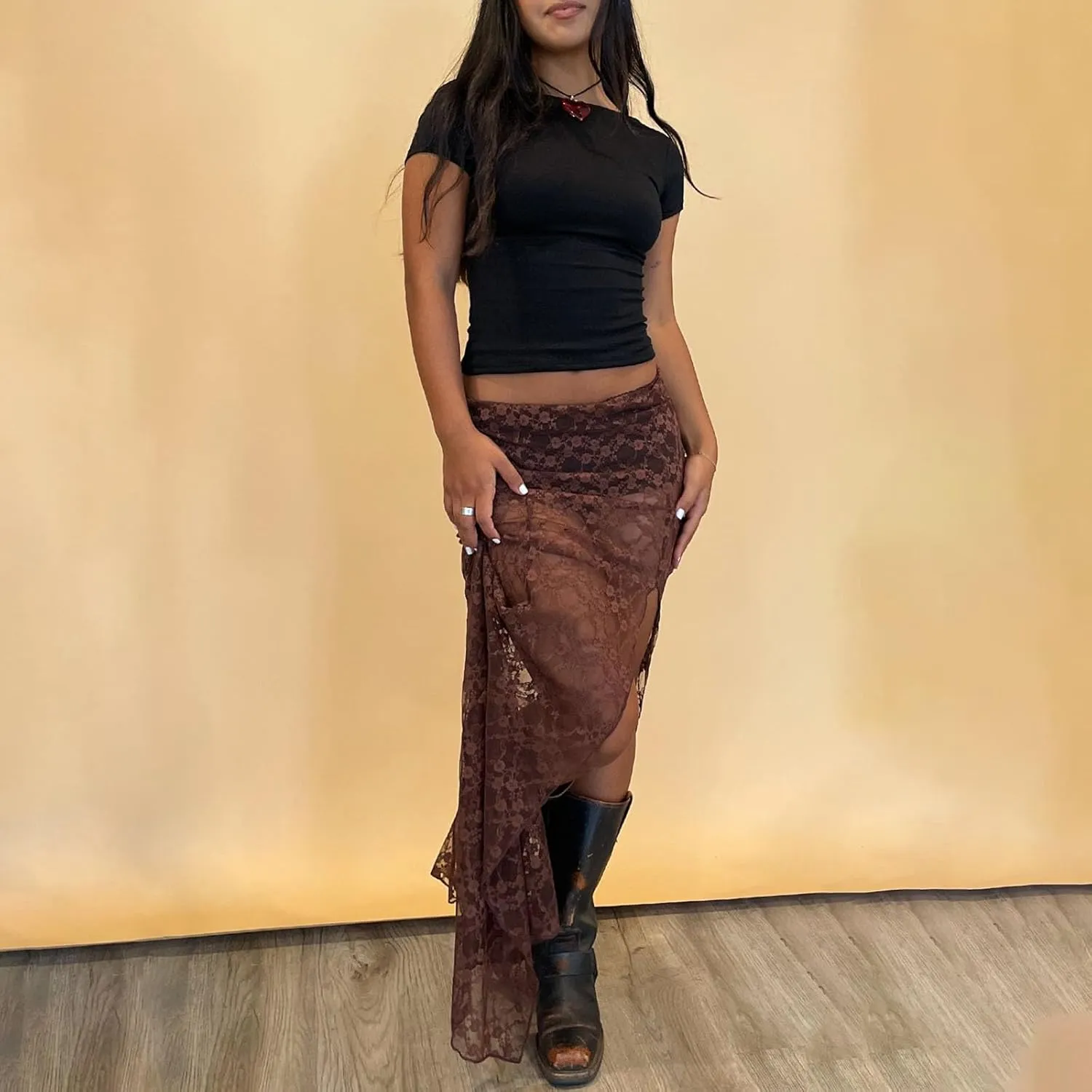 Women Y2k Lace Long Skirts High Waist Ruffle Hem Maxi Skirt Sexy See Through High Slit Flowy Skirts