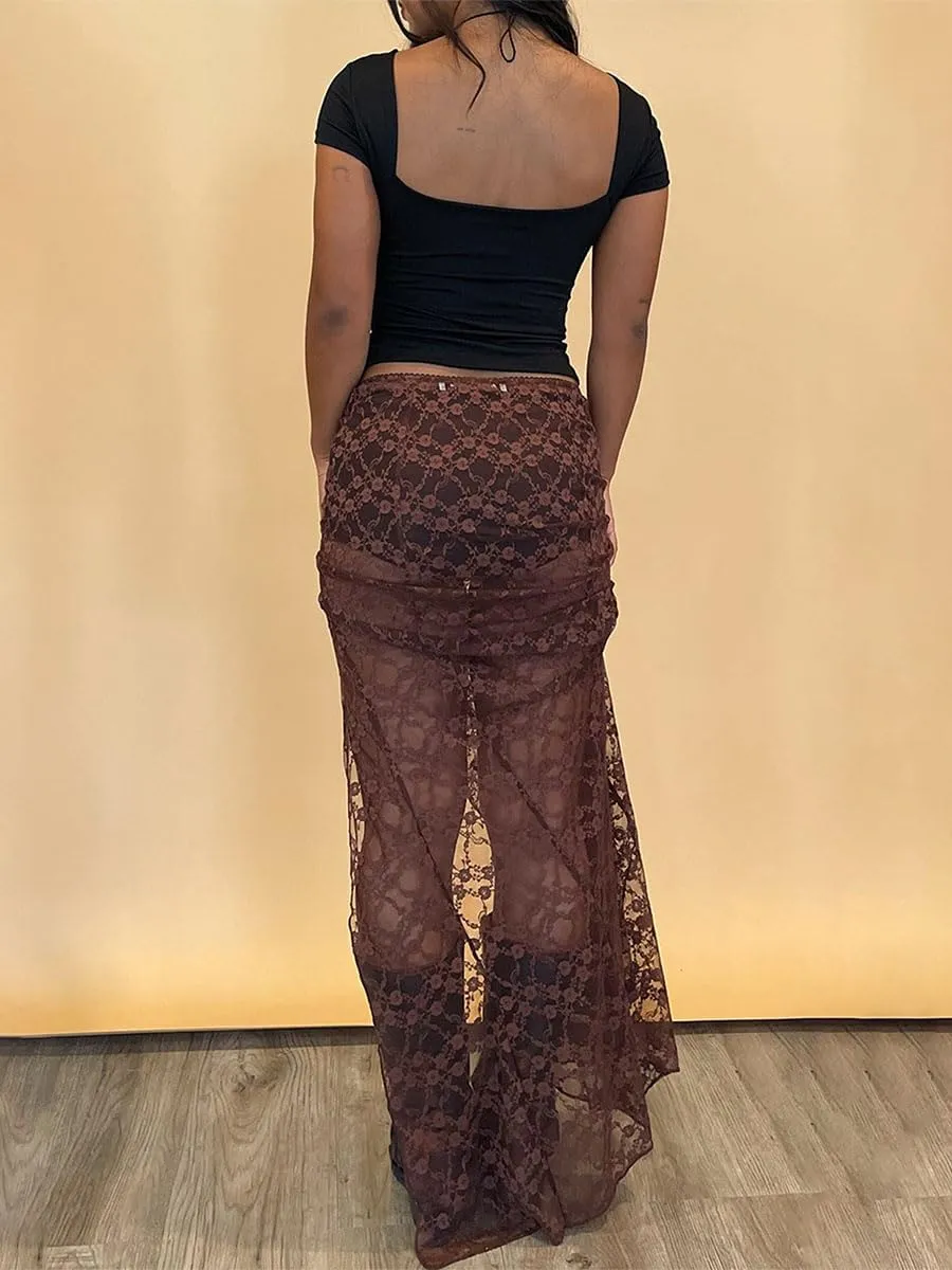Women Y2k Lace Long Skirts High Waist Ruffle Hem Maxi Skirt Sexy See Through High Slit Flowy Skirts