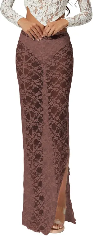 Women Y2k Lace Long Skirts High Waist Ruffle Hem Maxi Skirt Sexy See Through High Slit Flowy Skirts
