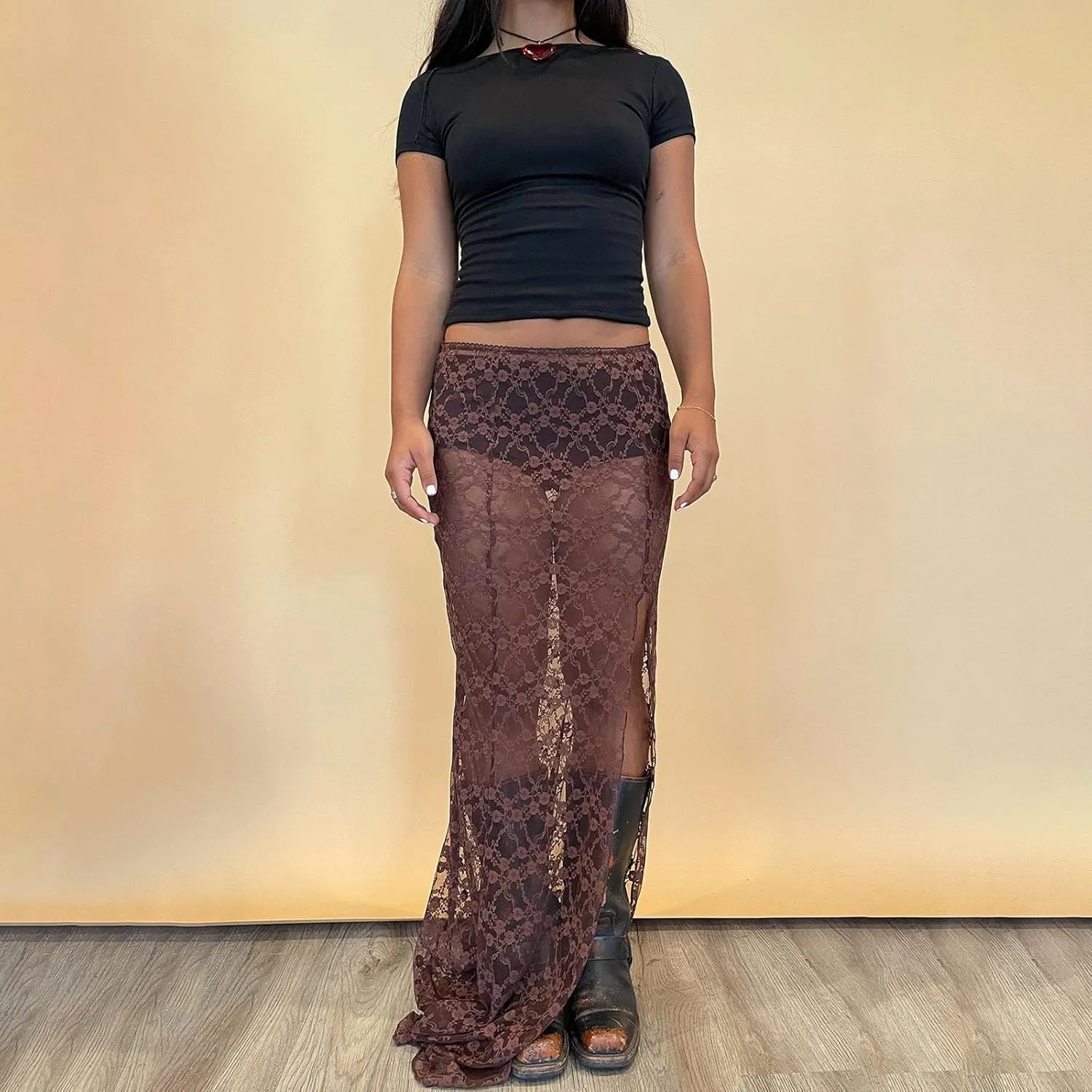 Women Y2k Lace Long Skirts High Waist Ruffle Hem Maxi Skirt Sexy See Through High Slit Flowy Skirts