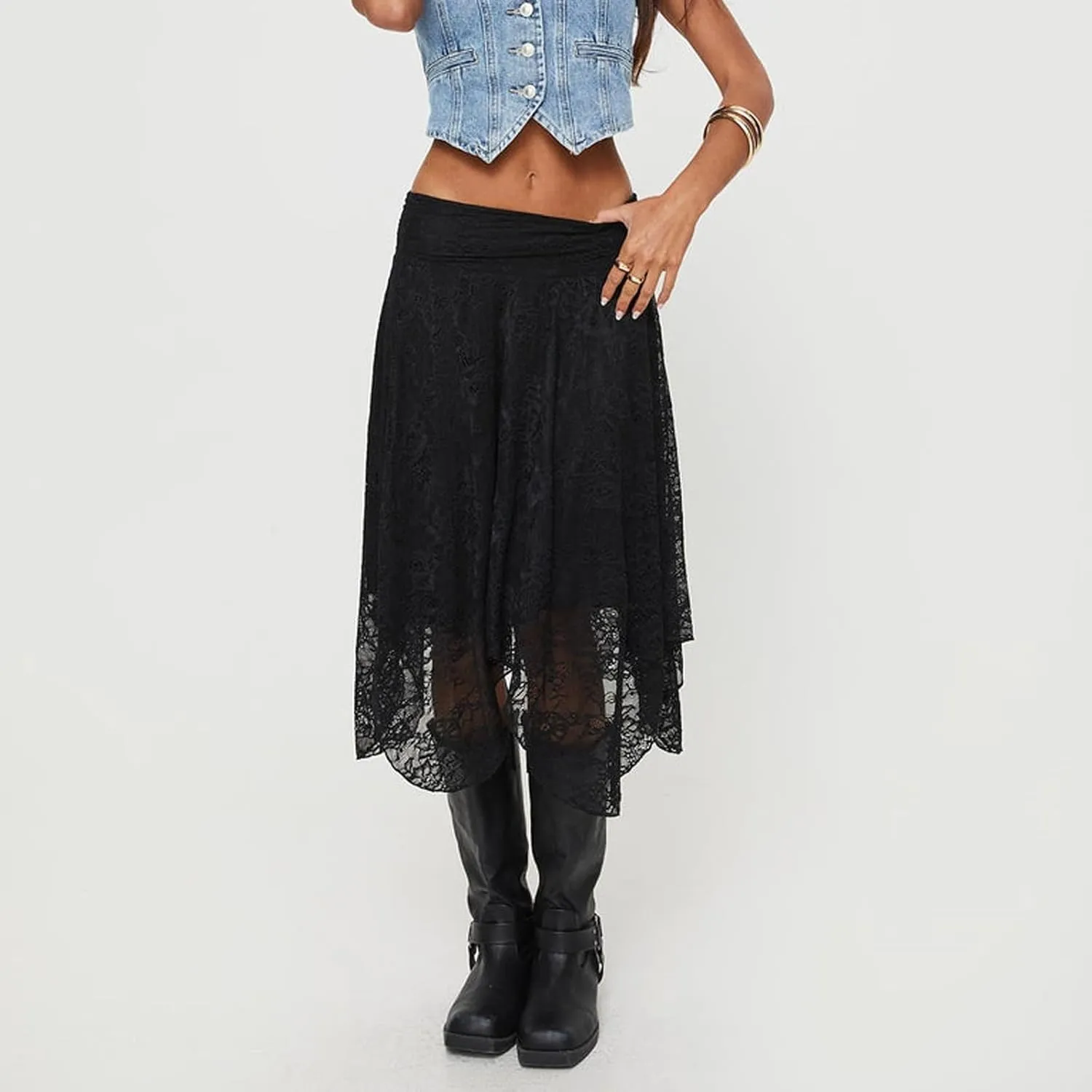 Women Y2k Lace Long Skirts High Waist Ruffle Hem Maxi Skirt Sexy See Through High Slit Flowy Skirts