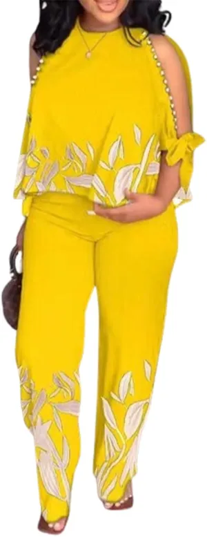Womens 2 Piece Crew Neck Rompers High Waist A Line Long Pants Jumpsuits Casual Loose Fit Blouse Elegant Outfits
