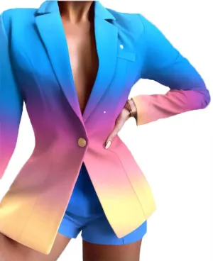 Women's 2 Pieces Floral Pantsuit Summer Suit Long Sleeve Blazer Short Pants Set Suits
