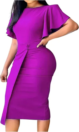 Women's 2024 Ruffle Dress Midi Dress Crew Neck Flowy Swing Tiered Fall Casual Knee Length Plus Size Dresses