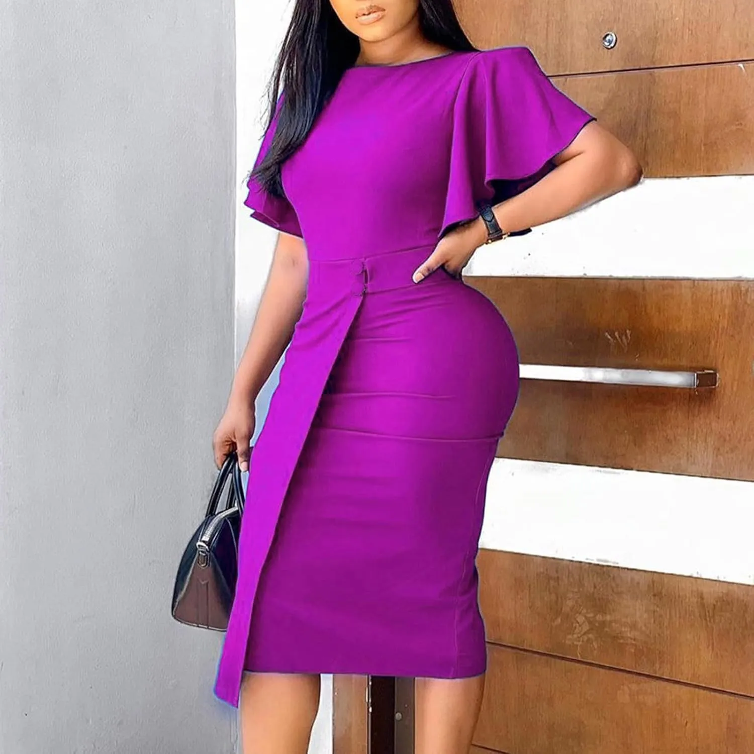Women's 2024 Ruffle Dress Midi Dress Crew Neck Flowy Swing Tiered Fall Casual Knee Length Plus Size Dresses