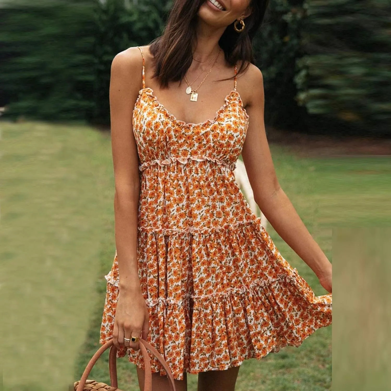 Womens 2024 Summer Floral Mini Dress Boho Flowy Skater Trendy V Neck Ruffle Swing Flutter Vacation Sundresses