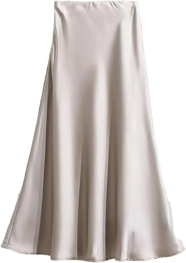 Women's A-Line Solid Color Long Silk High Waisted Satin Slim Solid Midi Skirts