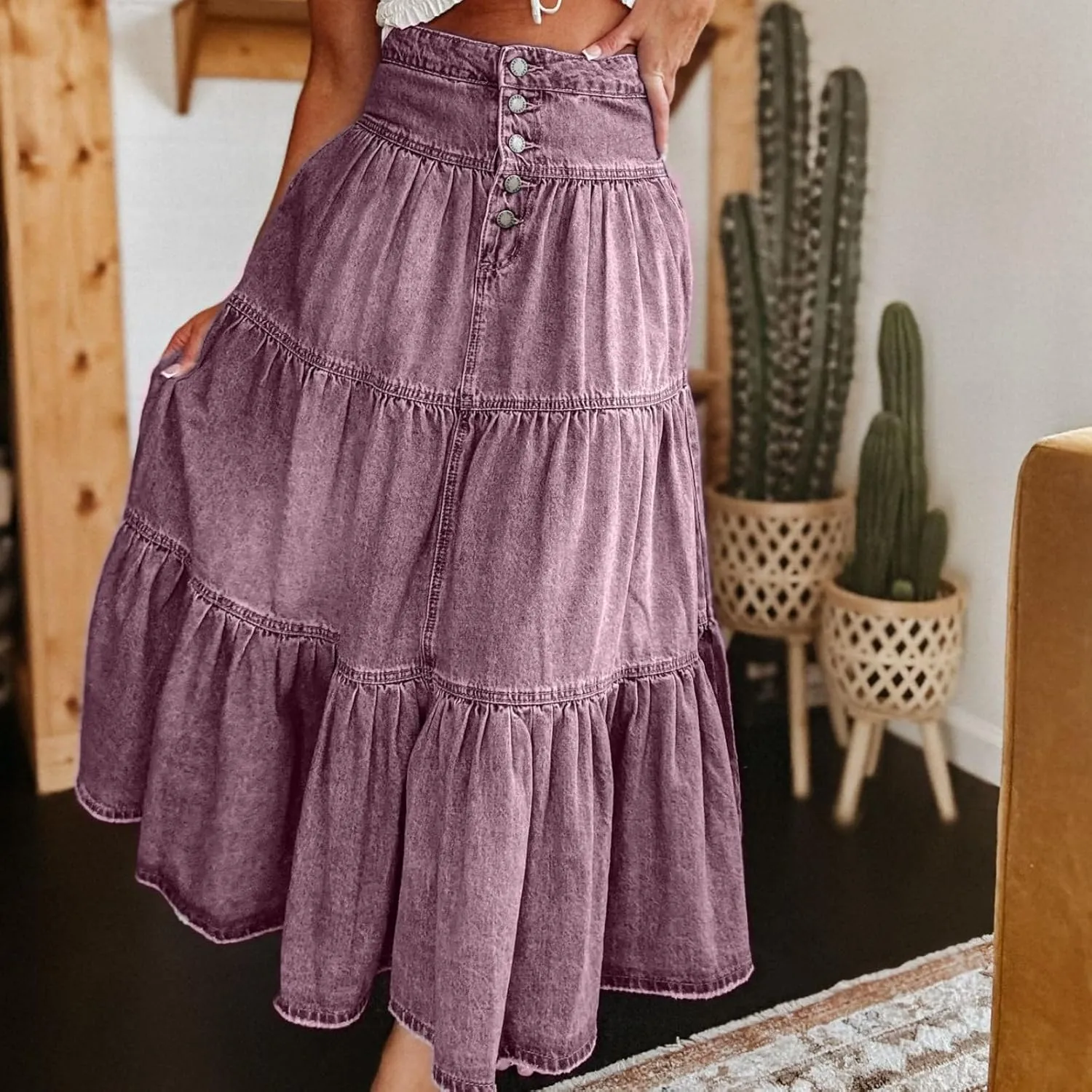Womens Boho Denim Midi Skirt Retro High Waist Tiered Ruffle Swing A-Line Pleated Summer Beach Long Jean Skirt
