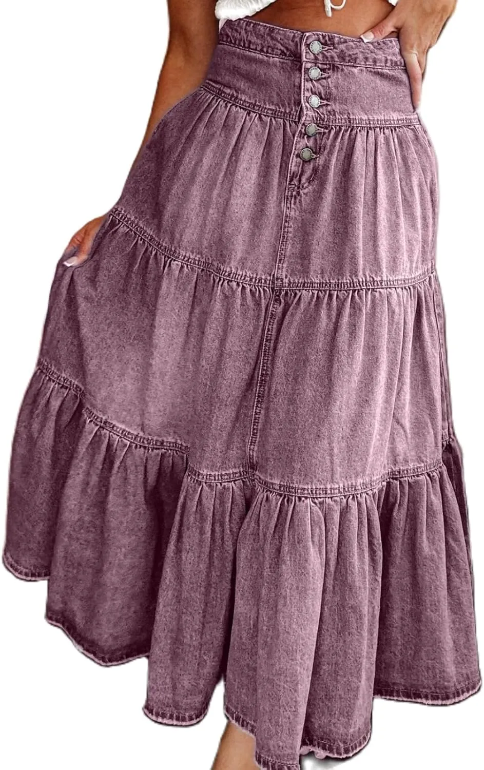 Womens Boho Denim Midi Skirt Retro High Waist Tiered Ruffle Swing A-Line Pleated Summer Beach Long Jean Skirt