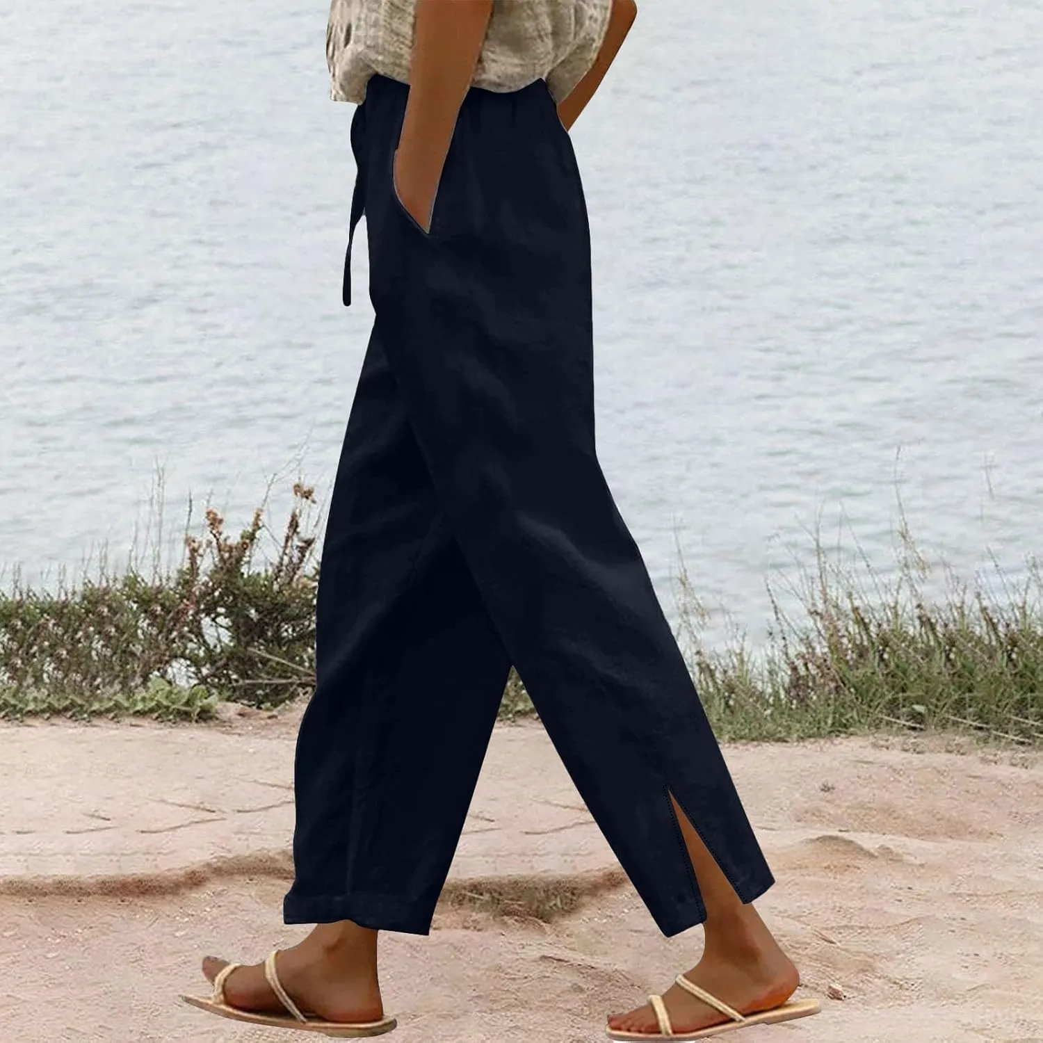 Womens Capris Linen Pants High Waist Drawstring Comfy Casual Pants Lounge Lightweight Loose Trousers with Pockets