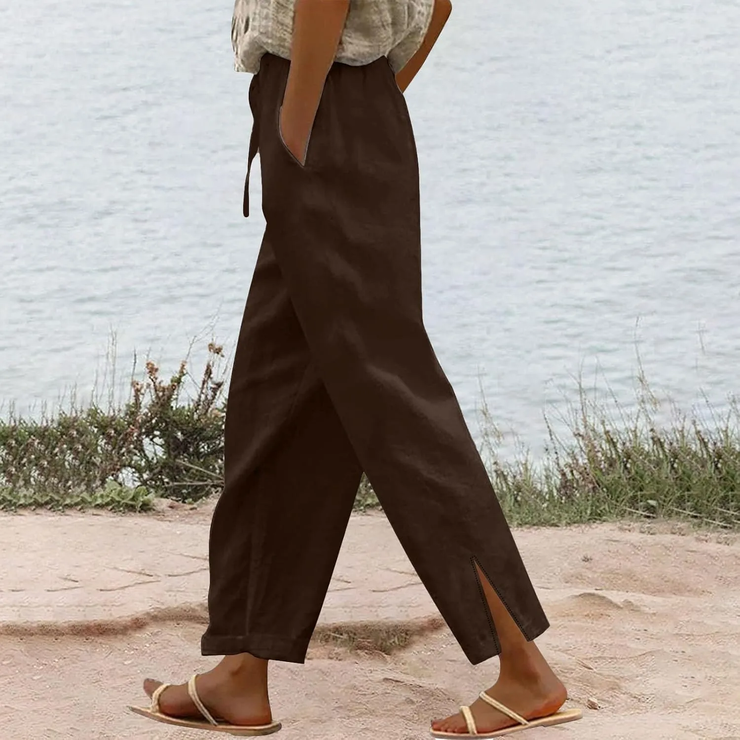 Womens Capris Linen Pants High Waist Drawstring Comfy Casual Pants Lounge Lightweight Loose Trousers with Pockets