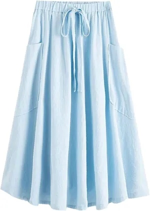Women's Casual High Elastic Waist Solid Color A-Line Pleated Skirts Fall Spring Midi Skirt with Pocket