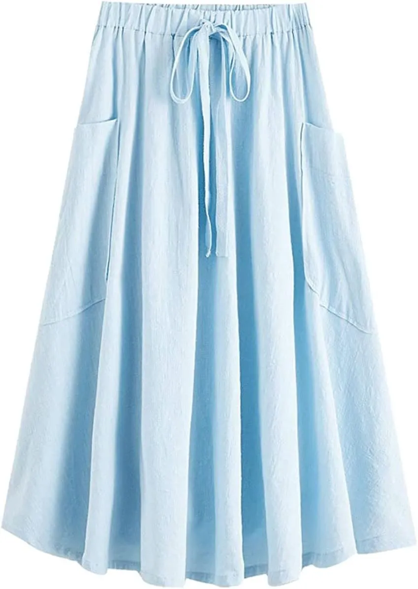Women's Casual High Elastic Waist Solid Color A-Line Pleated Skirts Fall Spring Midi Skirt with Pocket