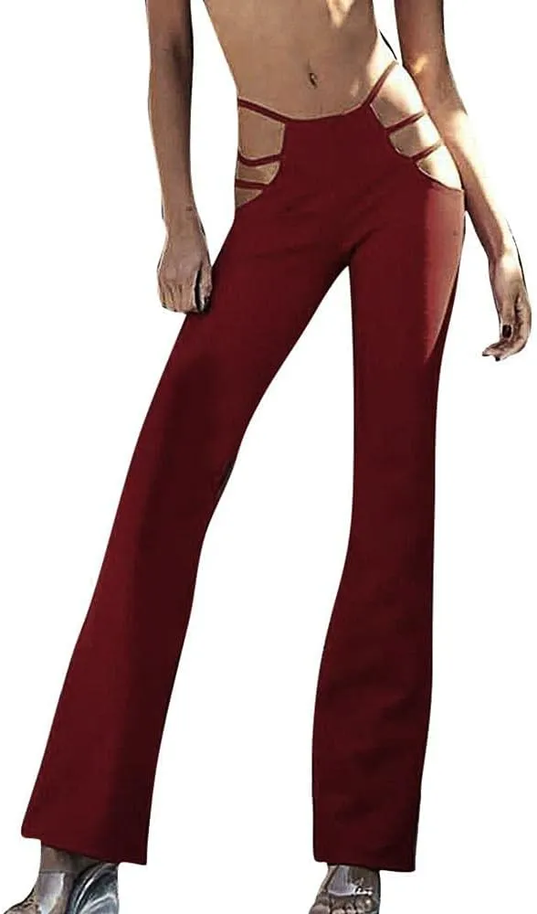 Women's Casual High Waist Cutout Bandage Pants Sexy Bell-Bottomed Elastic Trousers Solid Flare Streetwear