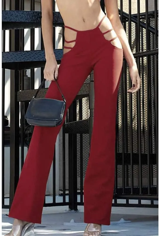 Women's Casual High Waist Cutout Bandage Pants Sexy Bell-Bottomed Elastic Trousers Solid Flare Streetwear