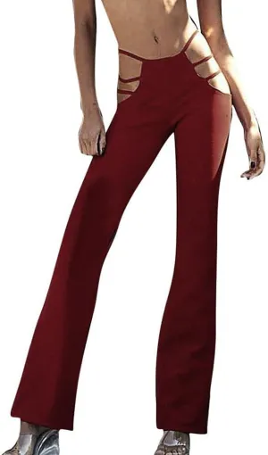 Women's Casual High Waist Cutout Bandage Pants Sexy Bell-Bottomed Elastic Trousers Solid Flare Streetwear