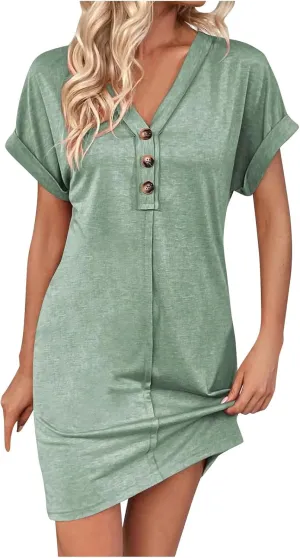 Women's Casual T Shirt Dress Button Up V Neck Tunic Dresses Summer Short Sleeve Mini Dress Loose Sundresses