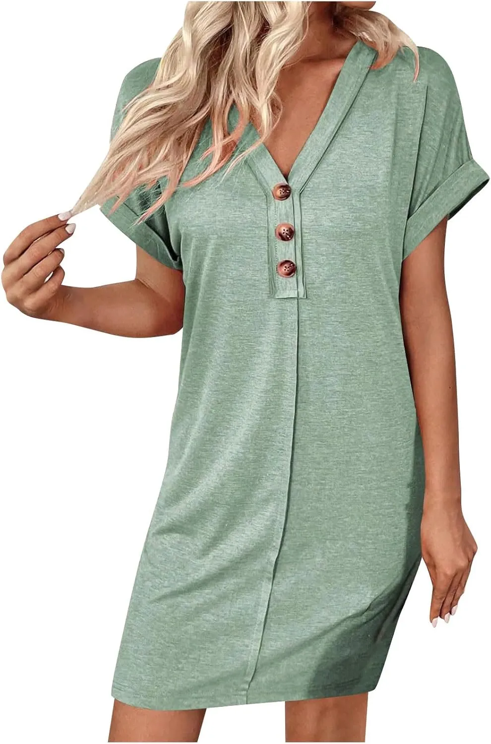 Women's Casual T Shirt Dress Button Up V Neck Tunic Dresses Summer Short Sleeve Mini Dress Loose Sundresses