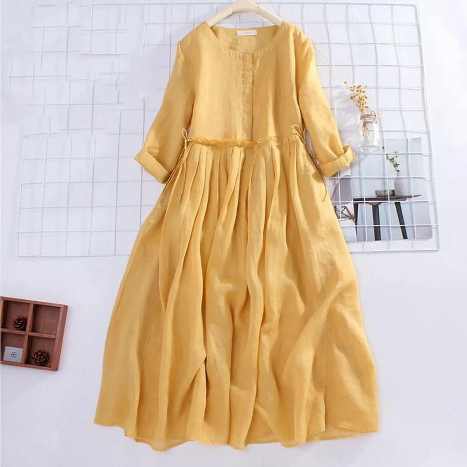 Women's Cotton Linen Midi Dress Plus Size 3/4 Sleeve Crewneck Pleated Summer Dresses Vacation 2025 Casual Dress