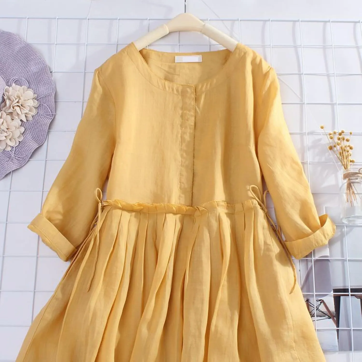 Women's Cotton Linen Midi Dress Plus Size 3/4 Sleeve Crewneck Pleated Summer Dresses Vacation 2025 Casual Dress