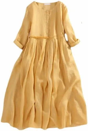 Women's Cotton Linen Midi Dress Plus Size 3/4 Sleeve Crewneck Pleated Summer Dresses Vacation 2025 Casual Dress