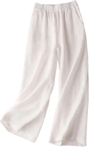 Women's Cotton Linen Wide Leg Pants - Female Summer Full Length Casual Pants, Loose High Waist Straight Trousers