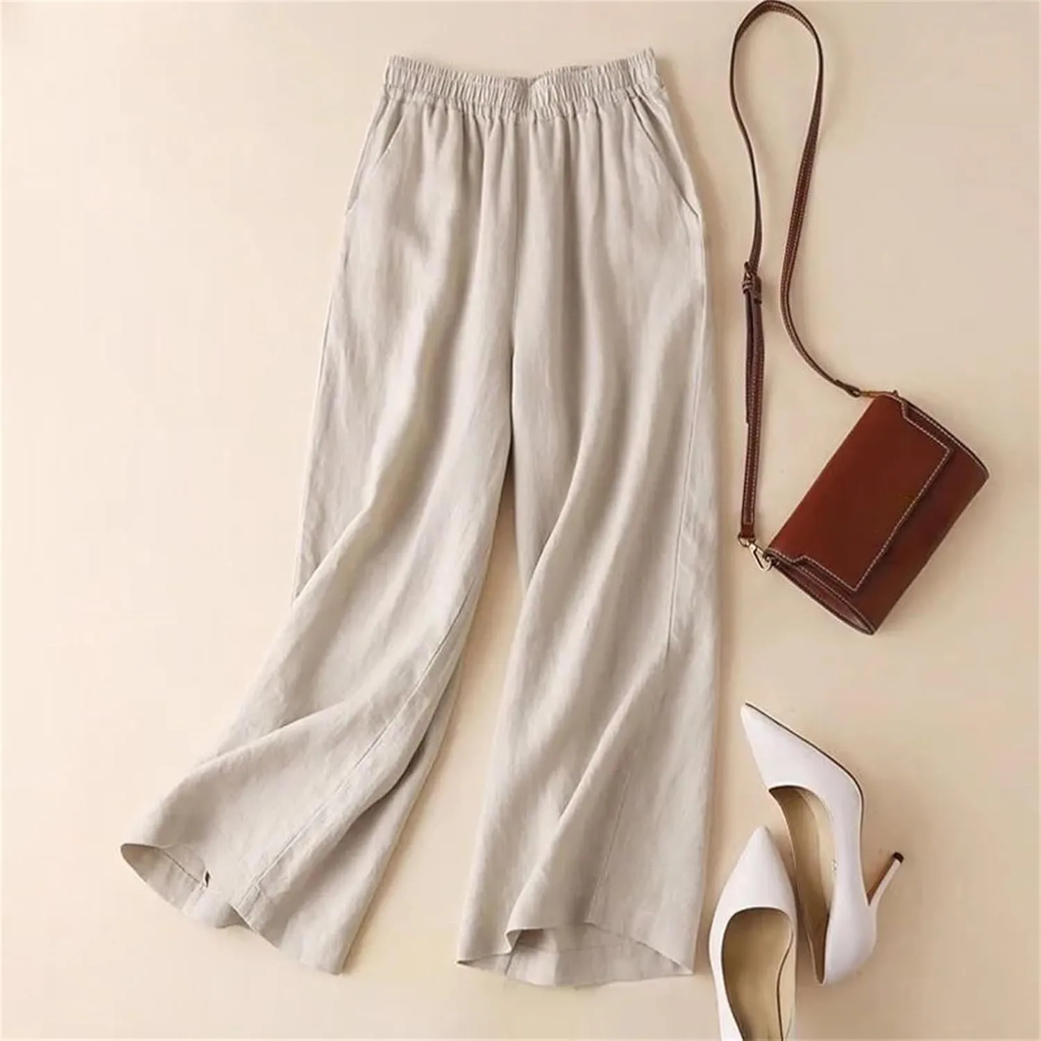 Women's Cotton Linen Wide Leg Pants - Female Summer Full Length Casual Pants, Loose High Waist Straight Trousers