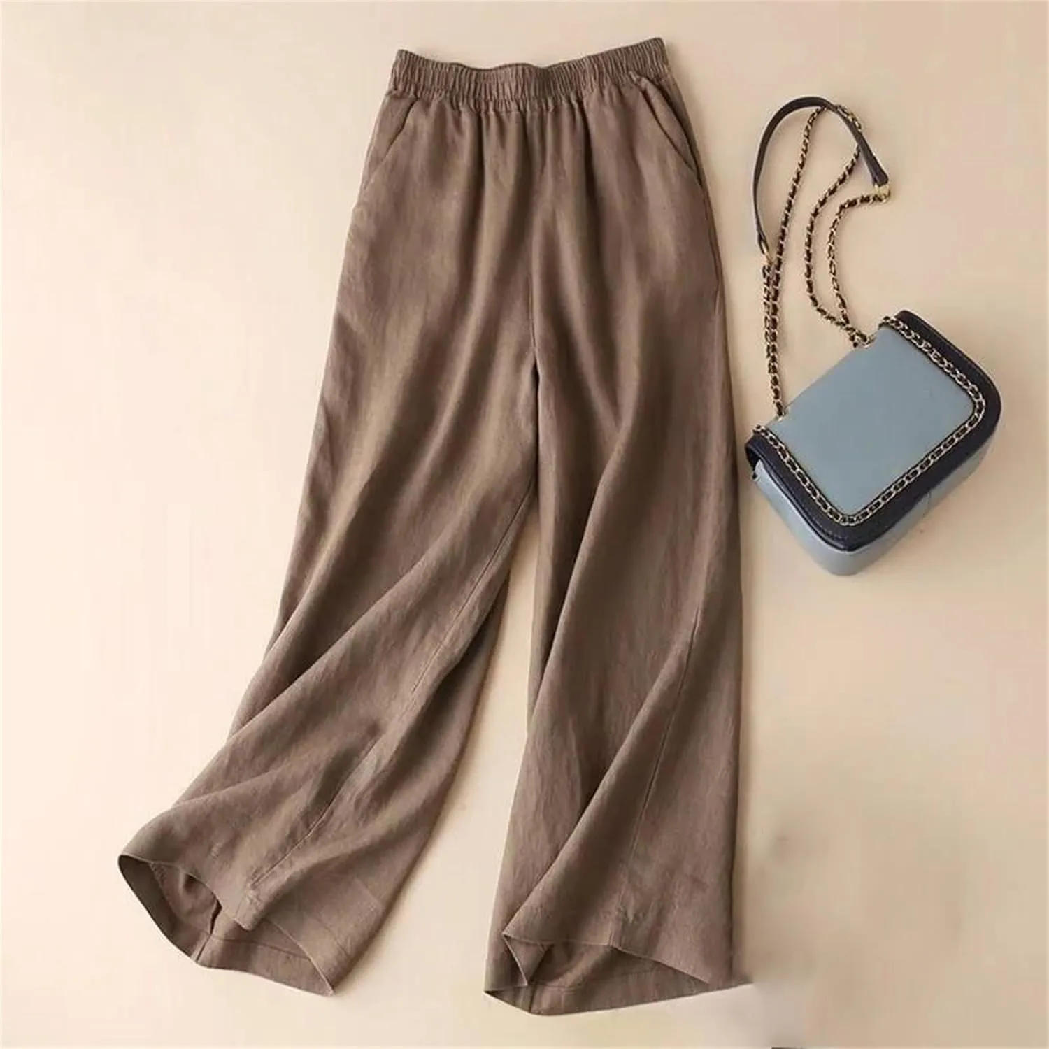 Women's Cotton Linen Wide Leg Pants - Female Summer Full Length Casual Pants, Loose High Waist Straight Trousers