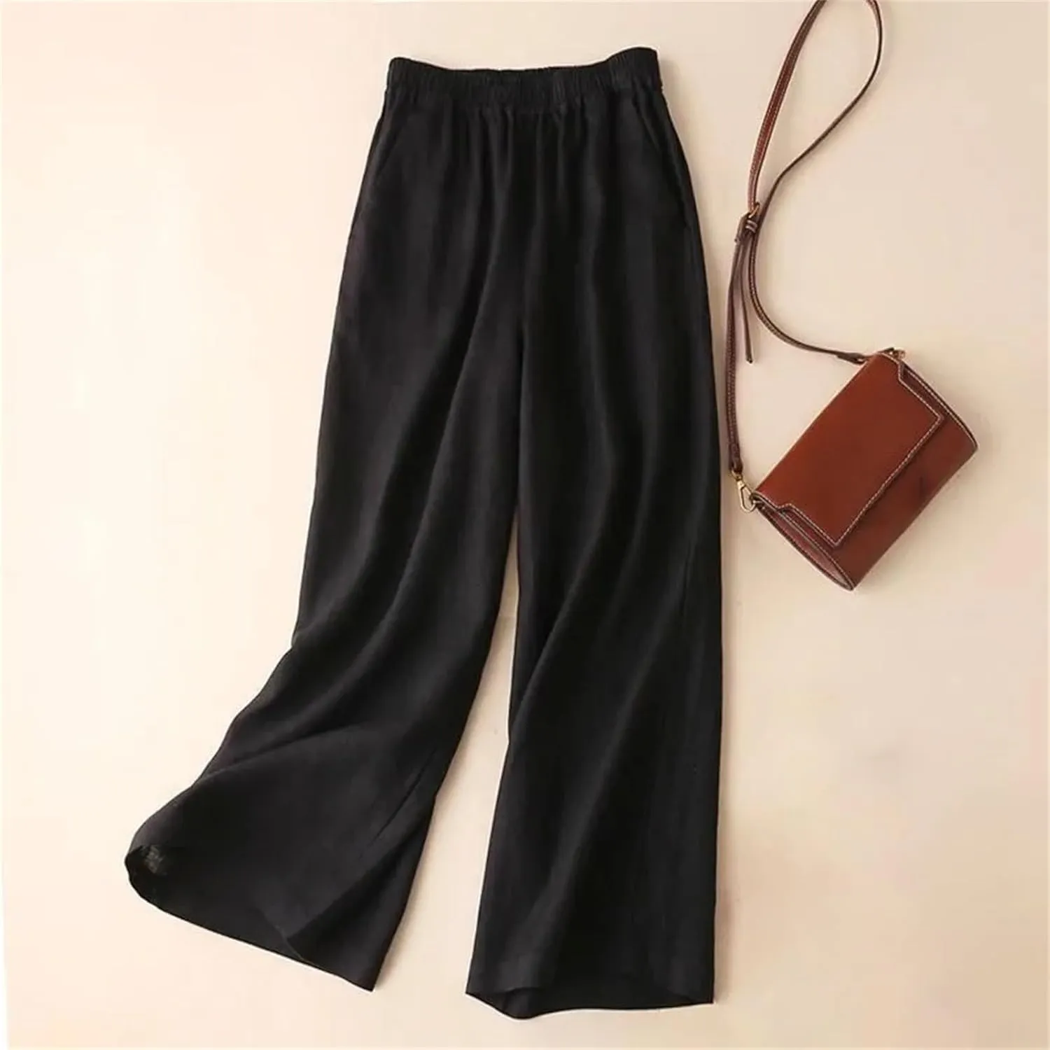 Women's Cotton Linen Wide Leg Pants - Female Summer Full Length Casual Pants, Loose High Waist Straight Trousers