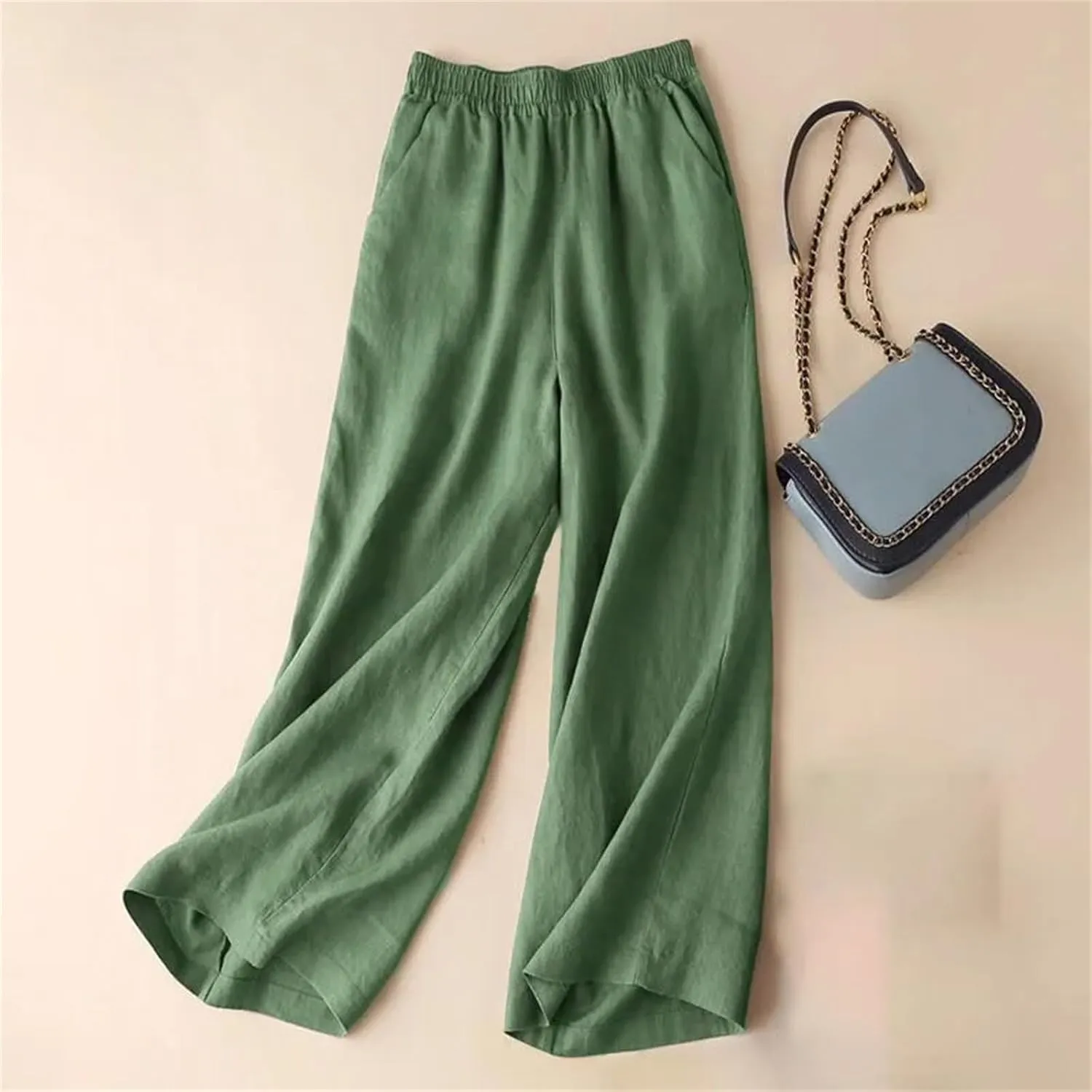 Women's Cotton Linen Wide Leg Pants - Female Summer Full Length Casual Pants, Loose High Waist Straight Trousers