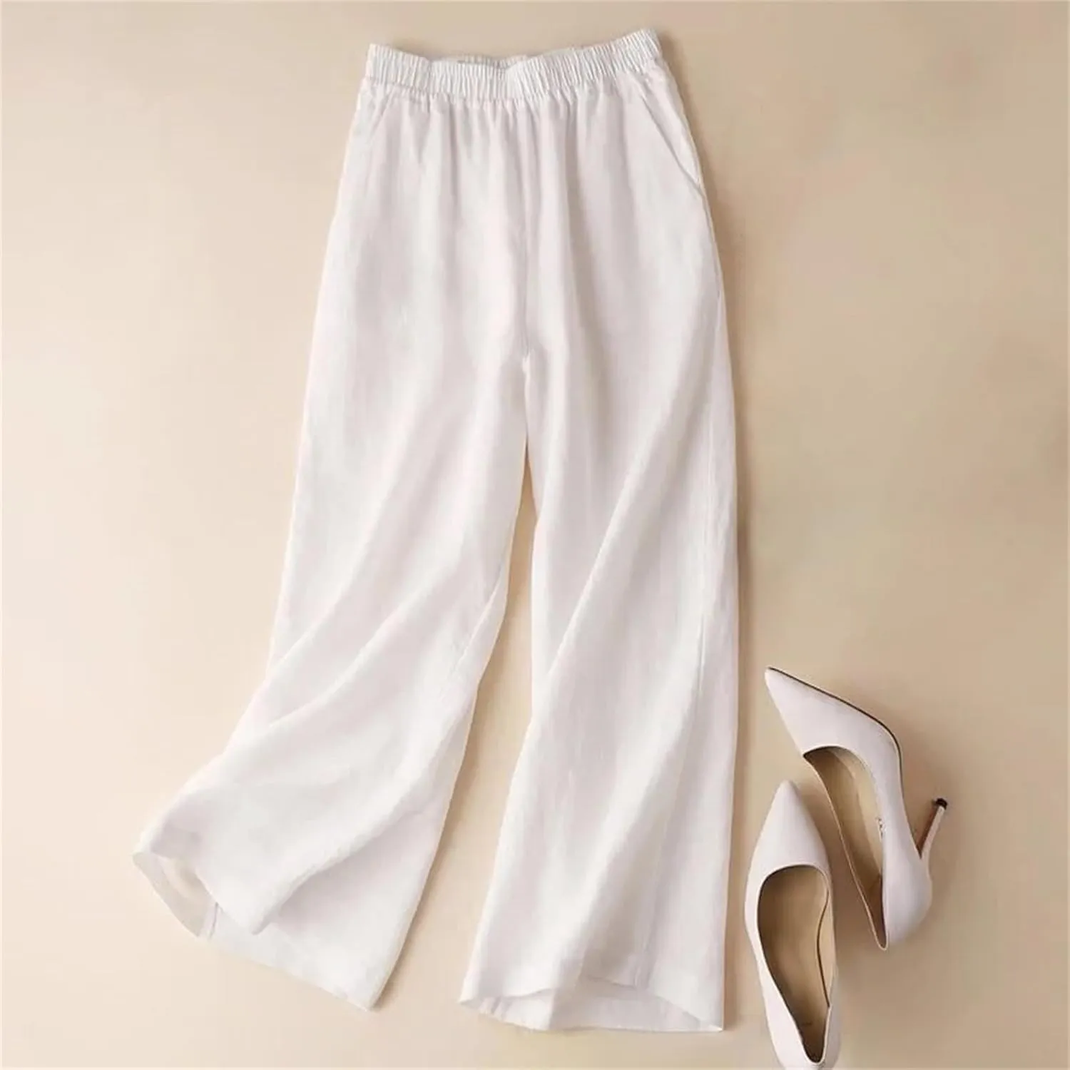 Women's Cotton Linen Wide Leg Pants - Female Summer Full Length Casual Pants, Loose High Waist Straight Trousers