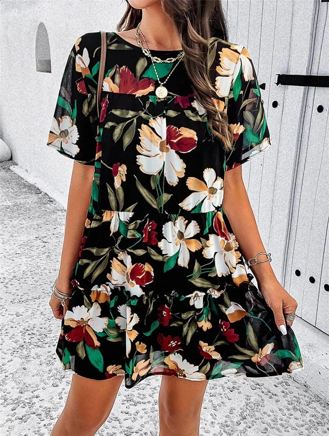 Womens Cute Summer Dresses Fashion Short Sleeve O Neck Mini Swing Dresses Ruffle Floral Vacation Dresses Plus Size