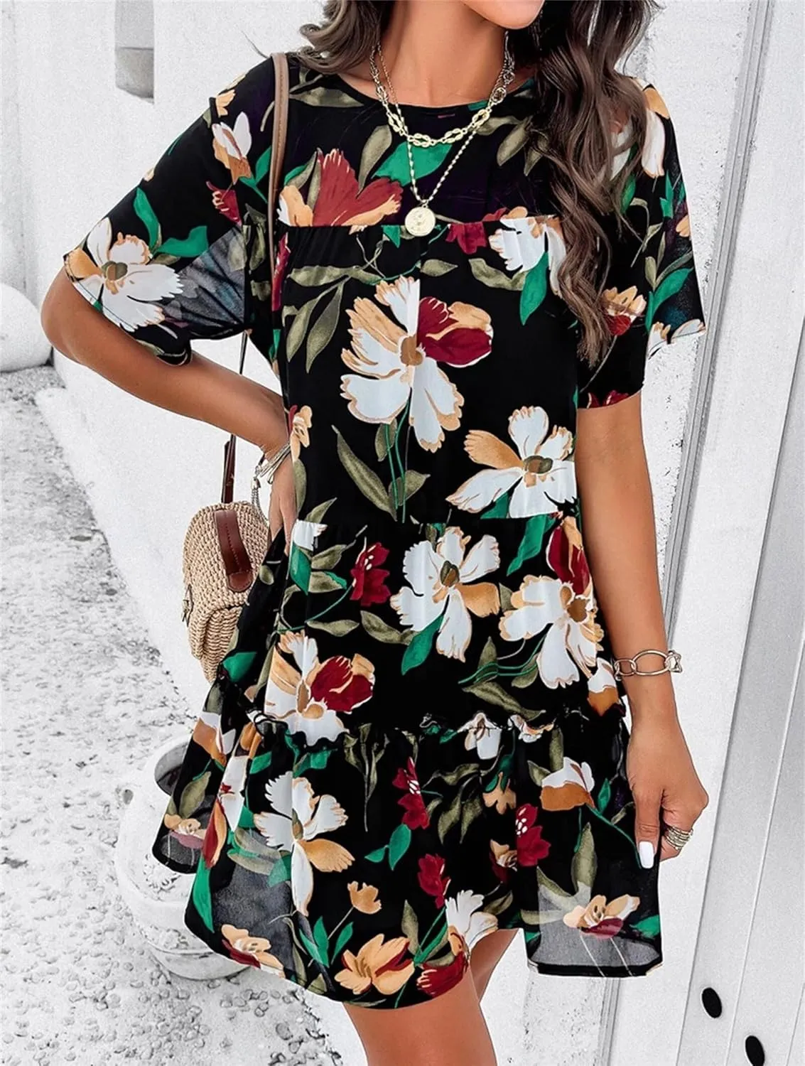 Womens Cute Summer Dresses Fashion Short Sleeve O Neck Mini Swing Dresses Ruffle Floral Vacation Dresses Plus Size