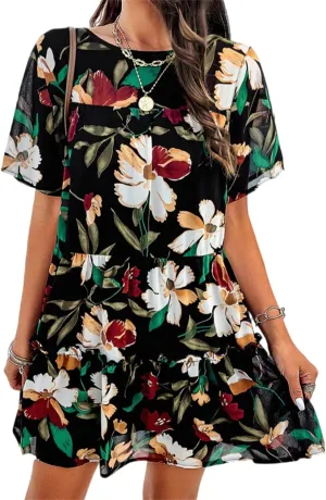 Womens Cute Summer Dresses Fashion Short Sleeve O Neck Mini Swing Dresses Ruffle Floral Vacation Dresses Plus Size
