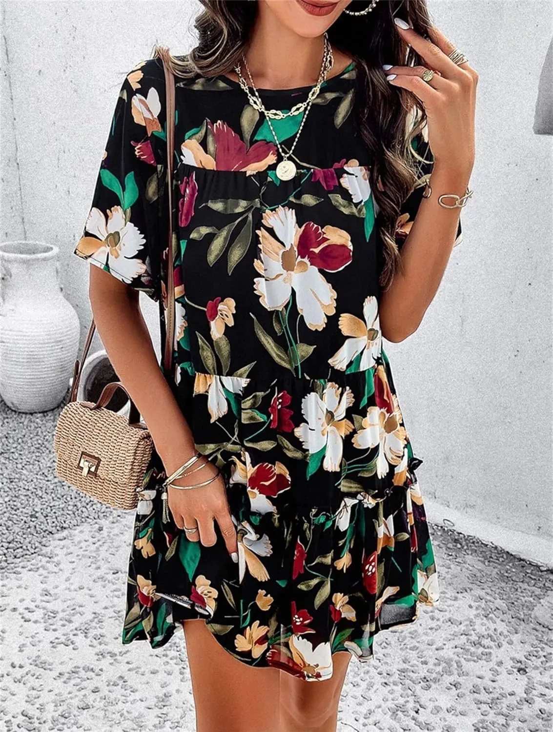 Womens Cute Summer Dresses Fashion Short Sleeve O Neck Mini Swing Dresses Ruffle Floral Vacation Dresses Plus Size